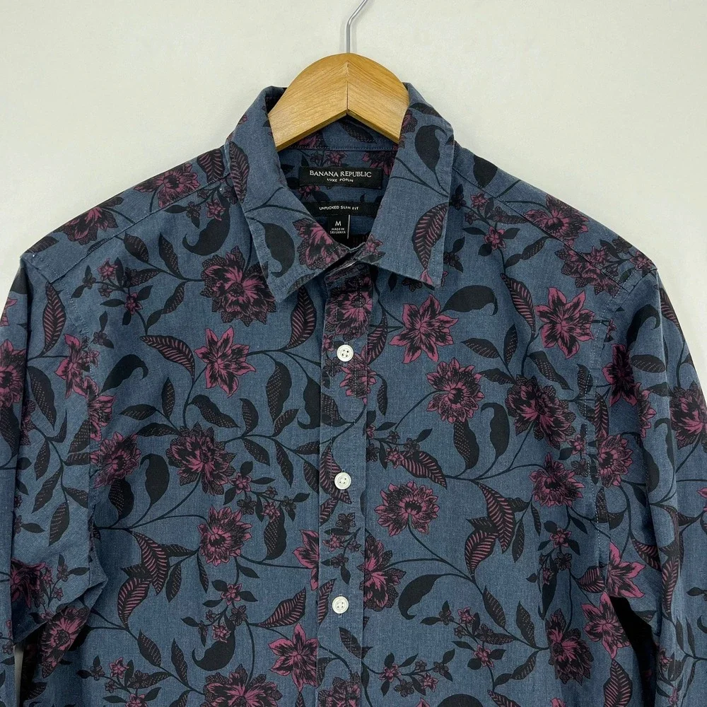 Banana Republic Mens Luxe Poplin Untucked Slim Fit Floral Shirt Blue Burgundy M